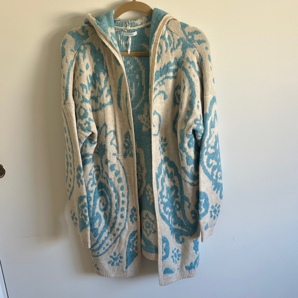 Cream and Light Blue Hooded Open-Front Cardigan Sweater Side Pockets